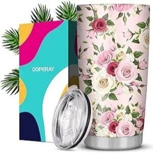 NEW Ooperay Rose Pink White Floral Flower Insulated Tumbler Drinkwear Cup 20 oz.